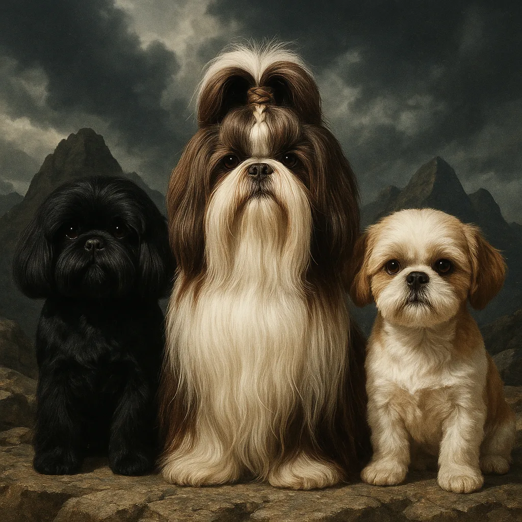 Three Shih-tzu Stand Distinctly Against Dramatic Storm Clouds
