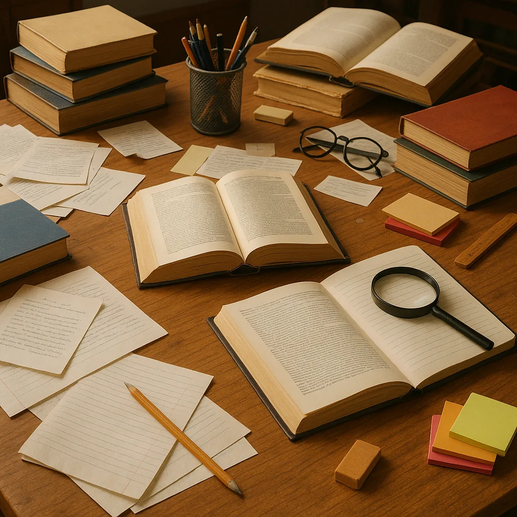 Wooden Desk Covered with an Assortment of Books
