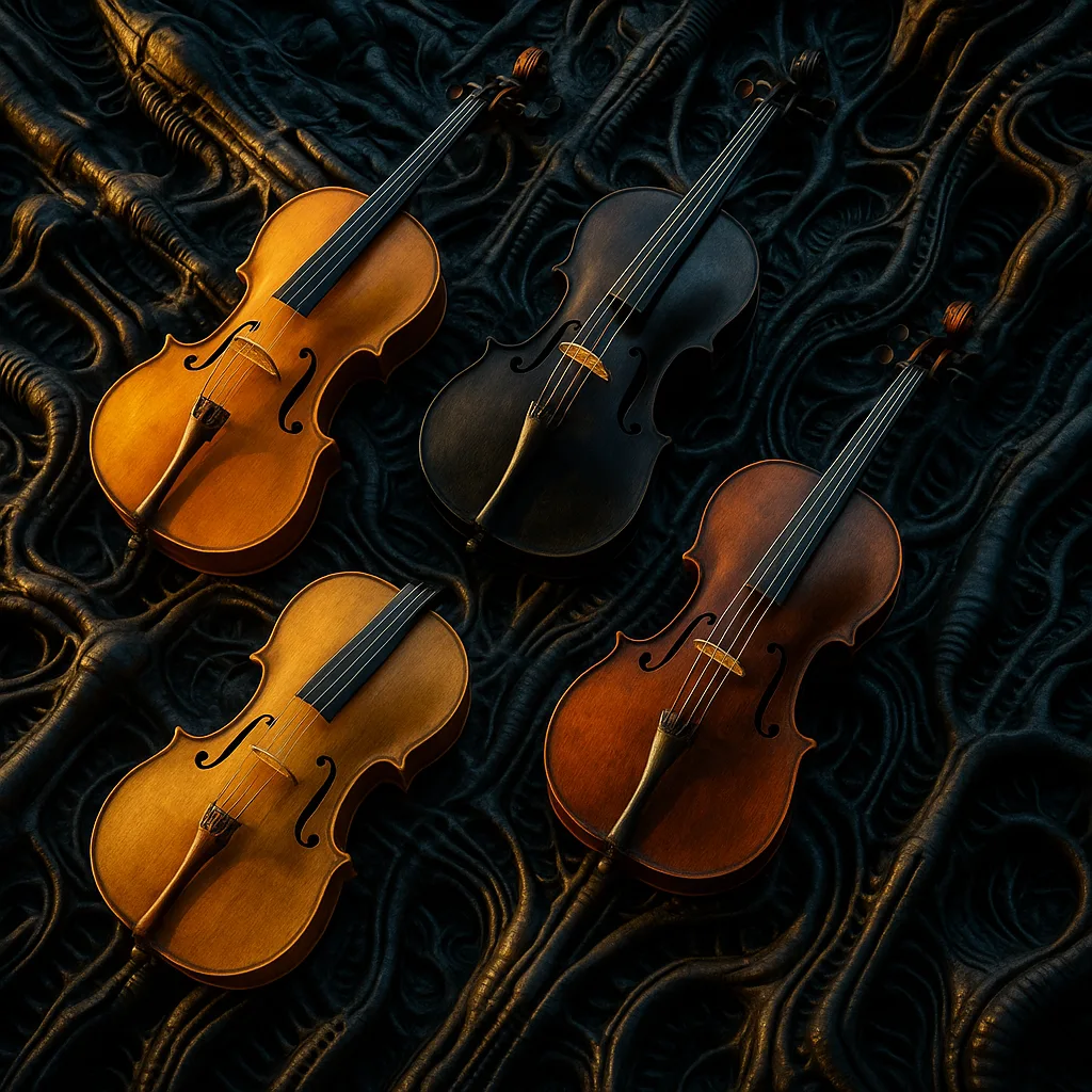 Four Diverse Cellos Lie in a Vibrant Top-down Flat Lay