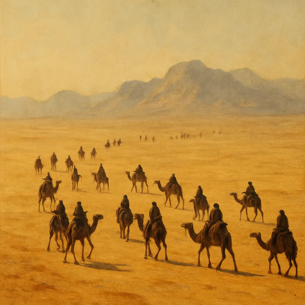 Scattered Procession of Numerous Nomadic Figures on Camels Slowly Crosses