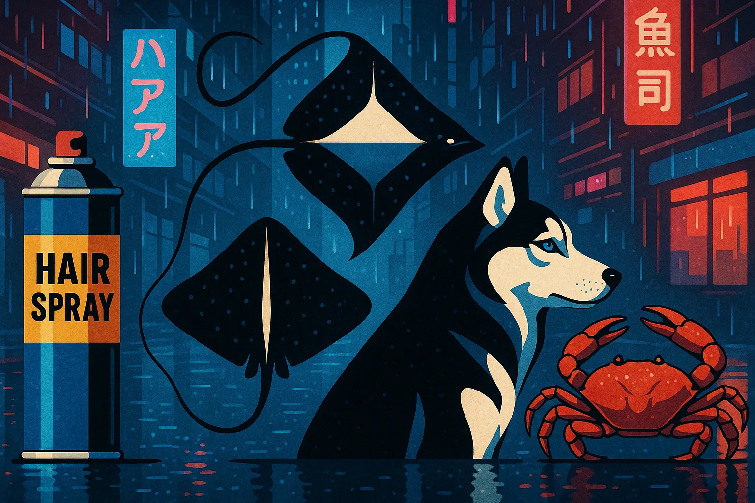 Futuristic Cyberpunk Streets Glisten with Rain under Neon Signs