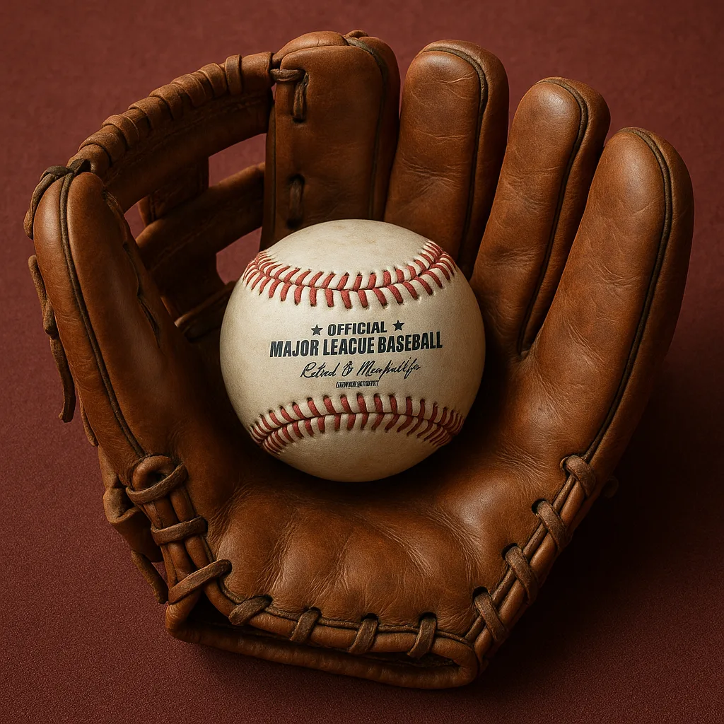 Vintage Leather Baseball Glove Holding an Official MLB Baseball Rests