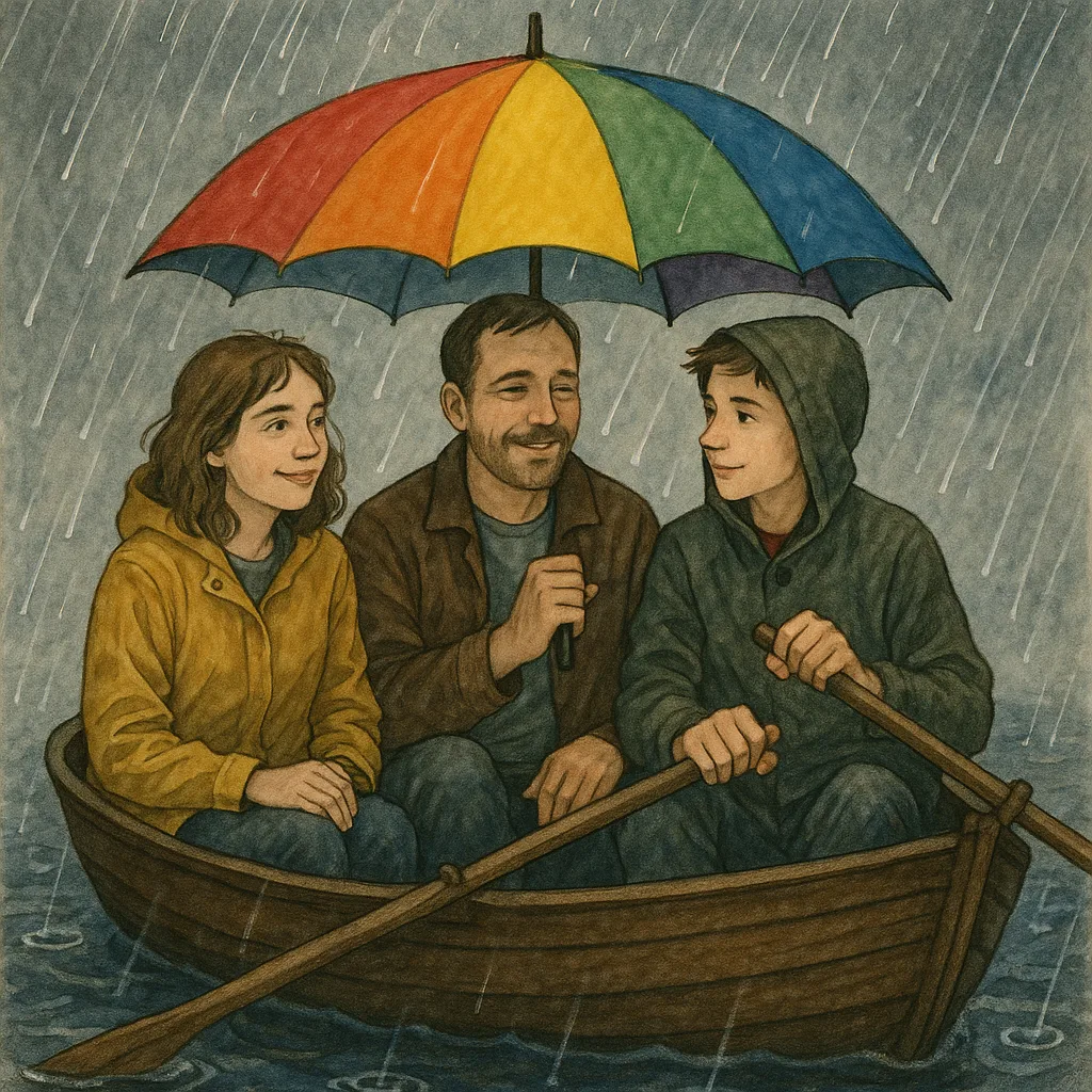 Three Individuals Sit in a Rowboat