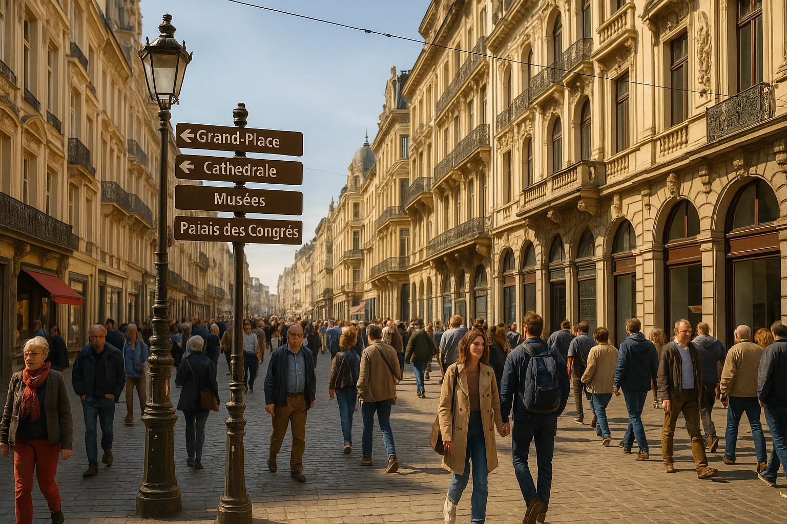 Bustling European Street with Pedestrians