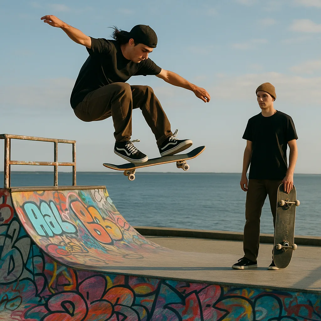 Skateboarder Performs a Trick in Mid-air on a Graffiti-covered Half-pipe