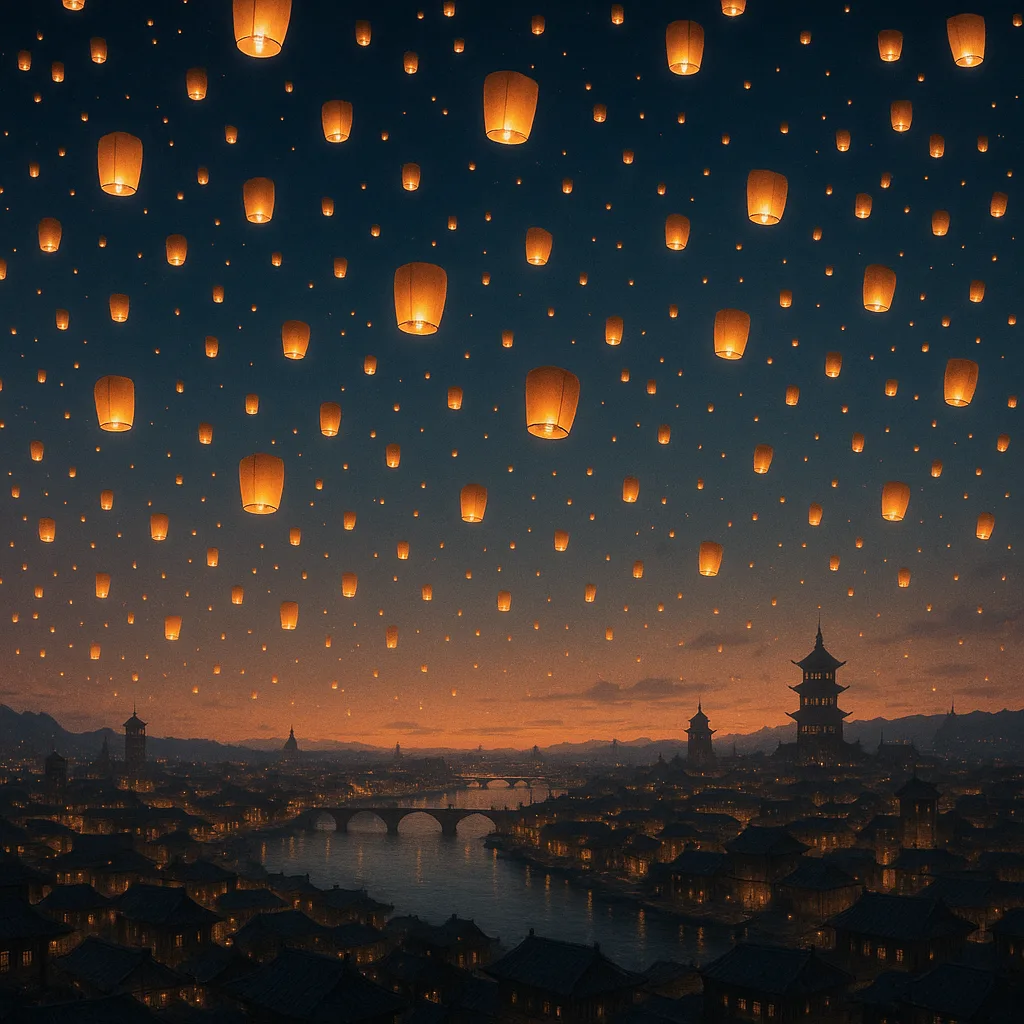 Countless Shimmering Lanterns Ascend into the Twilight Sky