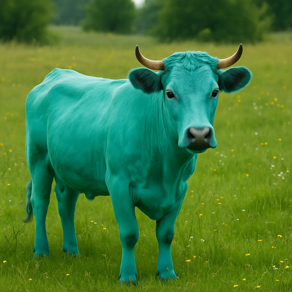 Cow with Turquoise Coloration Positioned in a Grassy Field