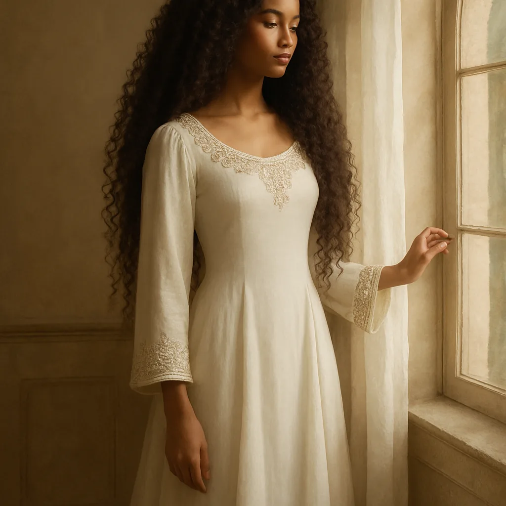 Beside a Tall Arched Window Adorned with Sheer Drapes