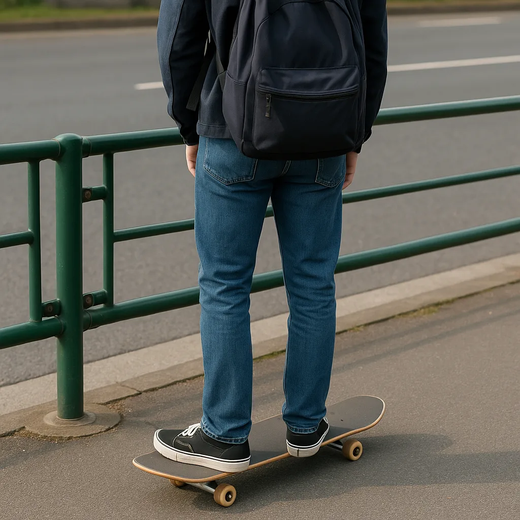 Person Wearing Jeans and a Backpack Stands on a Skateboard
