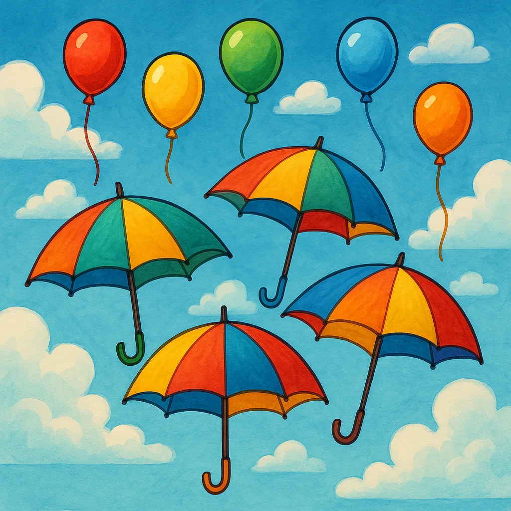 Lively Setting Showcasing Five Vibrant Umbrellas Alongside Five Floating Balloons
