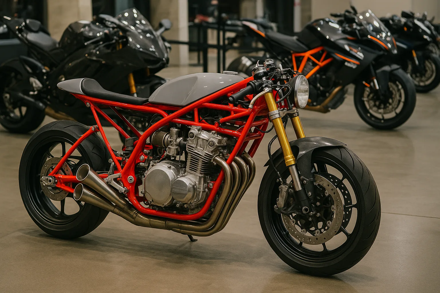Custom-built Racing Motorcycle with a Red Frame