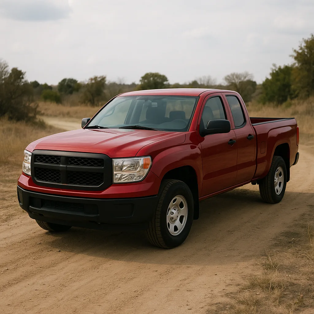 Red Pickup Truck Sitting Stationary on a Rural Dirt Path