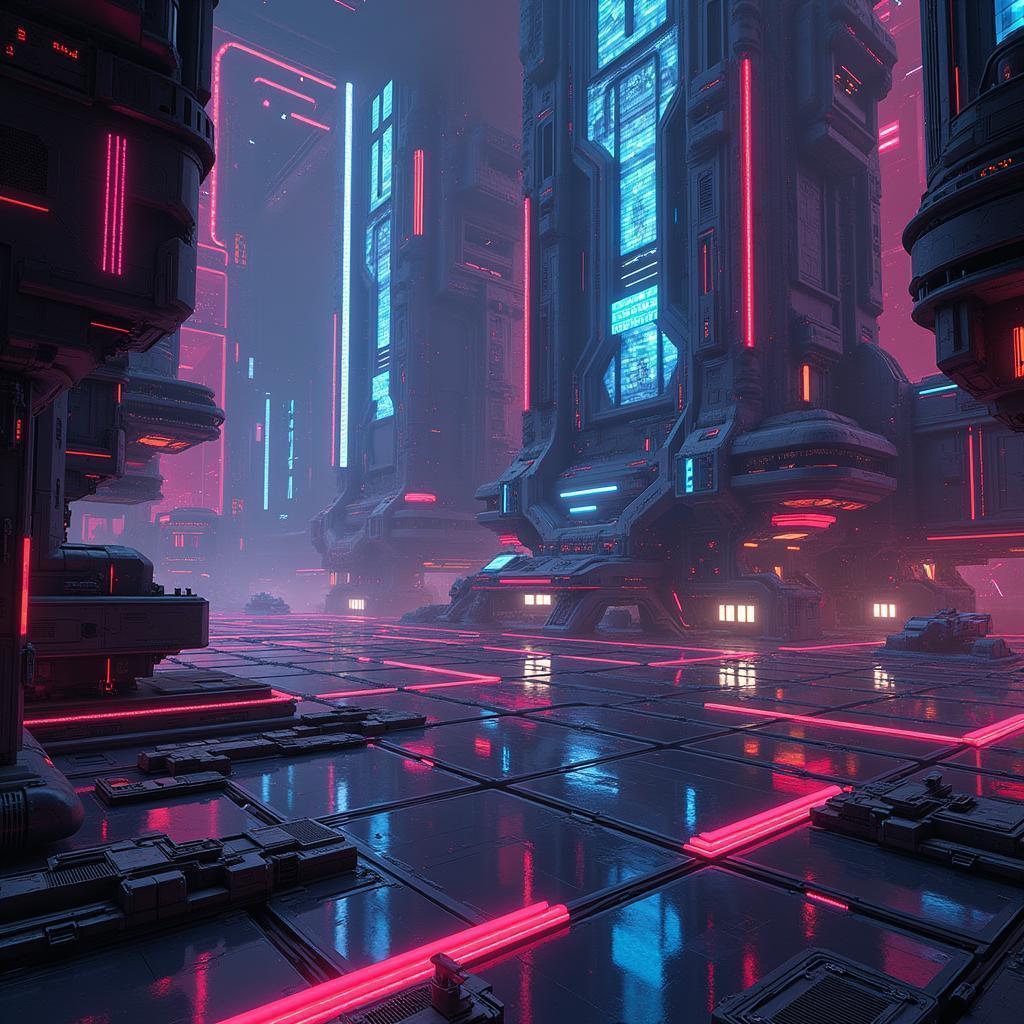 Neon Space Outpost With Futuristic Interfaces