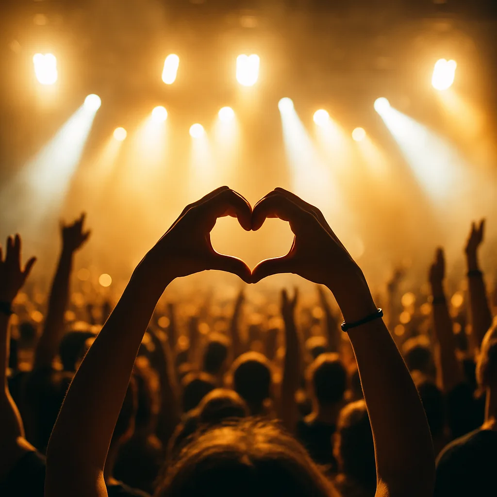 Lively Concert Crowd with Raised Hands under Bright Stage Lights