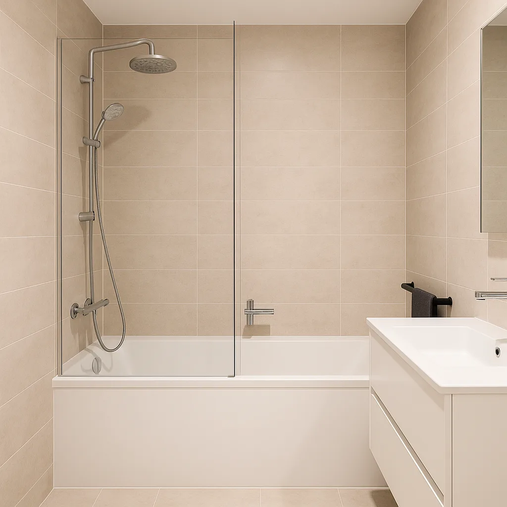 Modern Bathroom Featuring a White Bathtub with Beige Tiled Walls