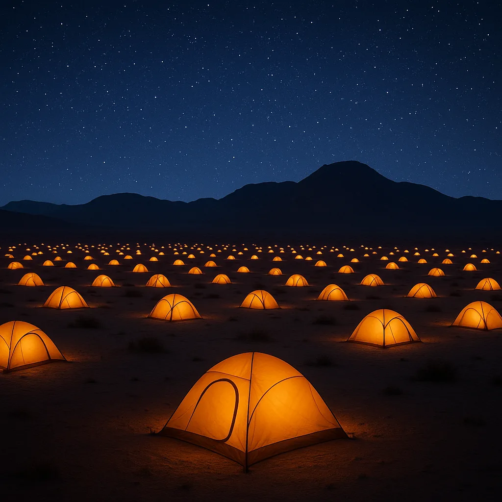 Sprawling Field of Countless Illuminated Tents Glows Warmly