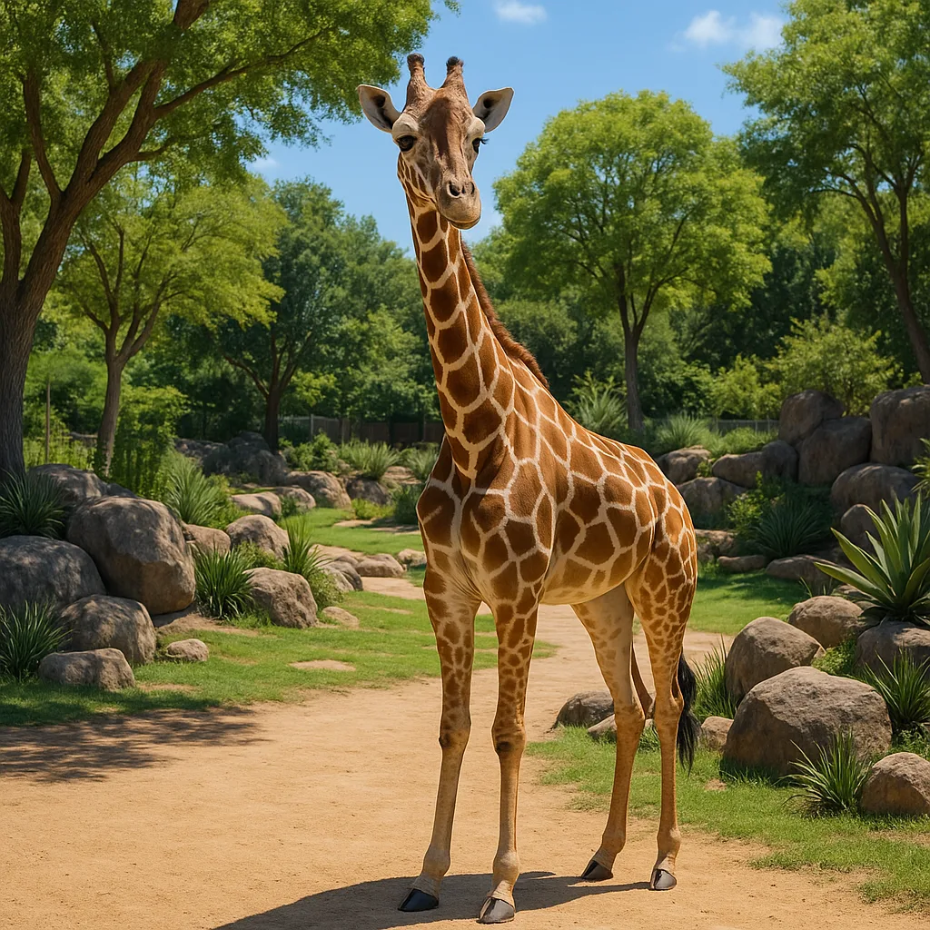 Giraffe Stands in a Sunny Zoo Enclosure Surrounded by Trees