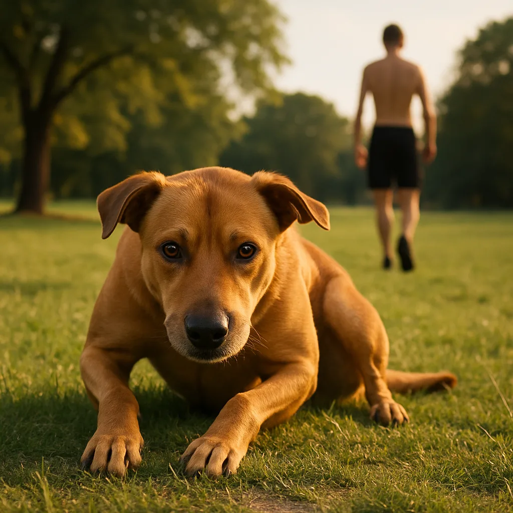 Dog Crouched on Grass in the Foreground