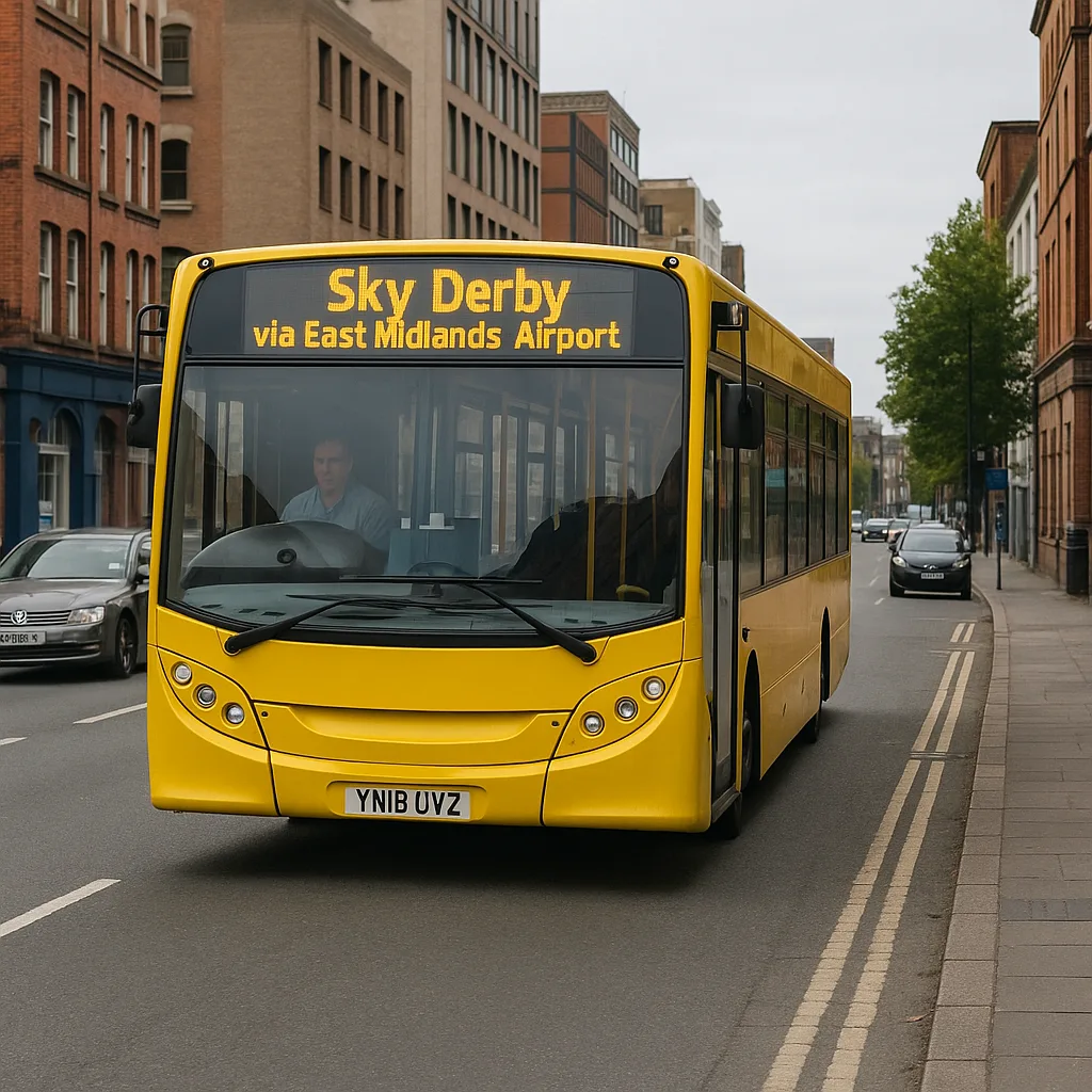 Yellow Bus Marked "Sky Derby Via East Midlands Airport"
