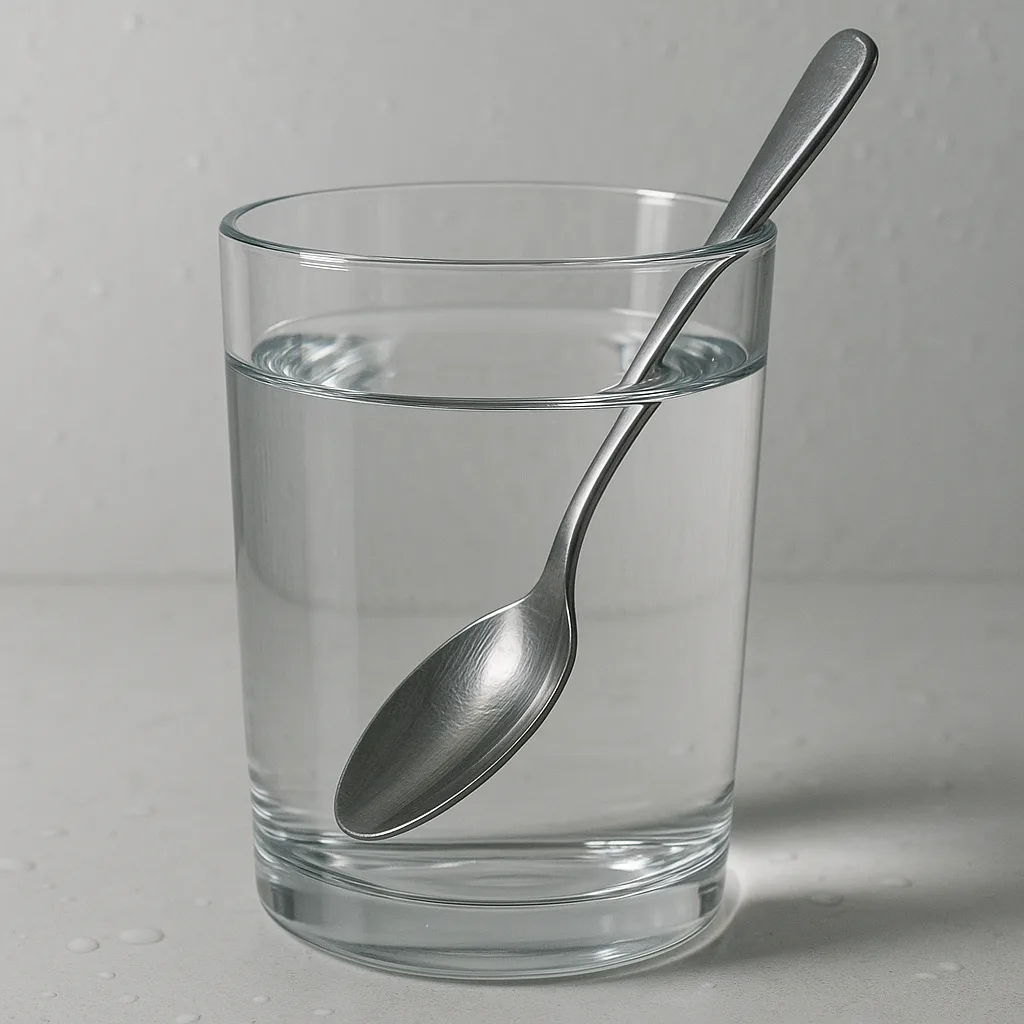 Pristine Glass of Water with a Silver Spoon Partly