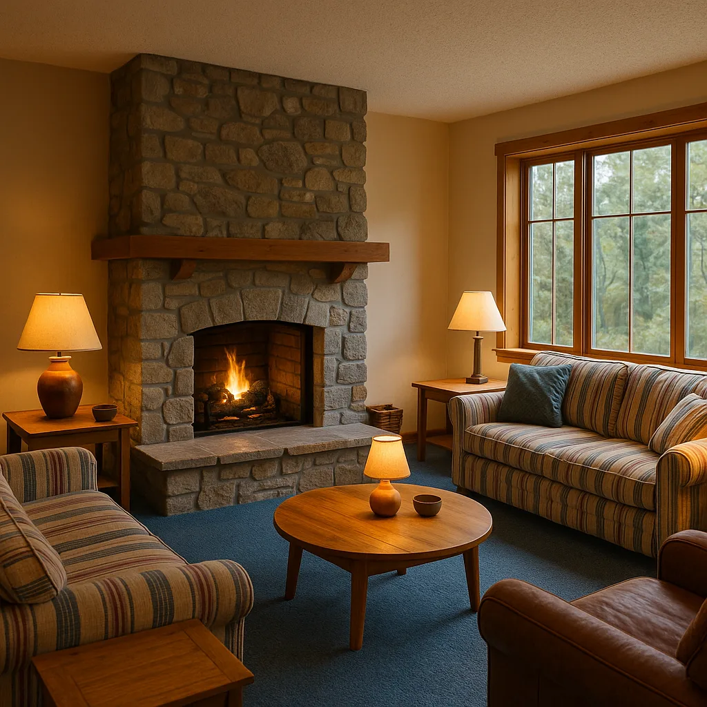 Cozy Living Room with a Tall Stone Fireplace