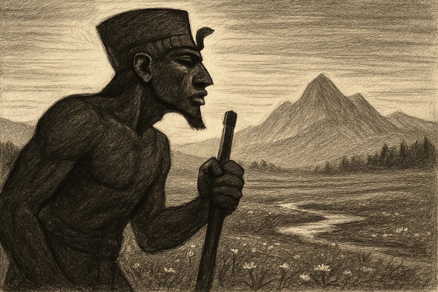 Charcoal Sketch Monochromatic Textured Explorer of Giant Proportion
