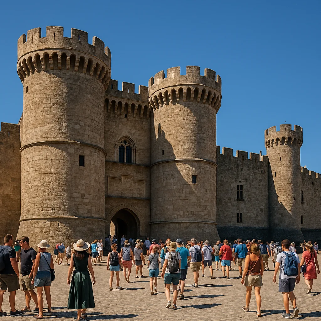 Medieval Stone Fortress with Cylindrical Towers Surrounded by Tourists