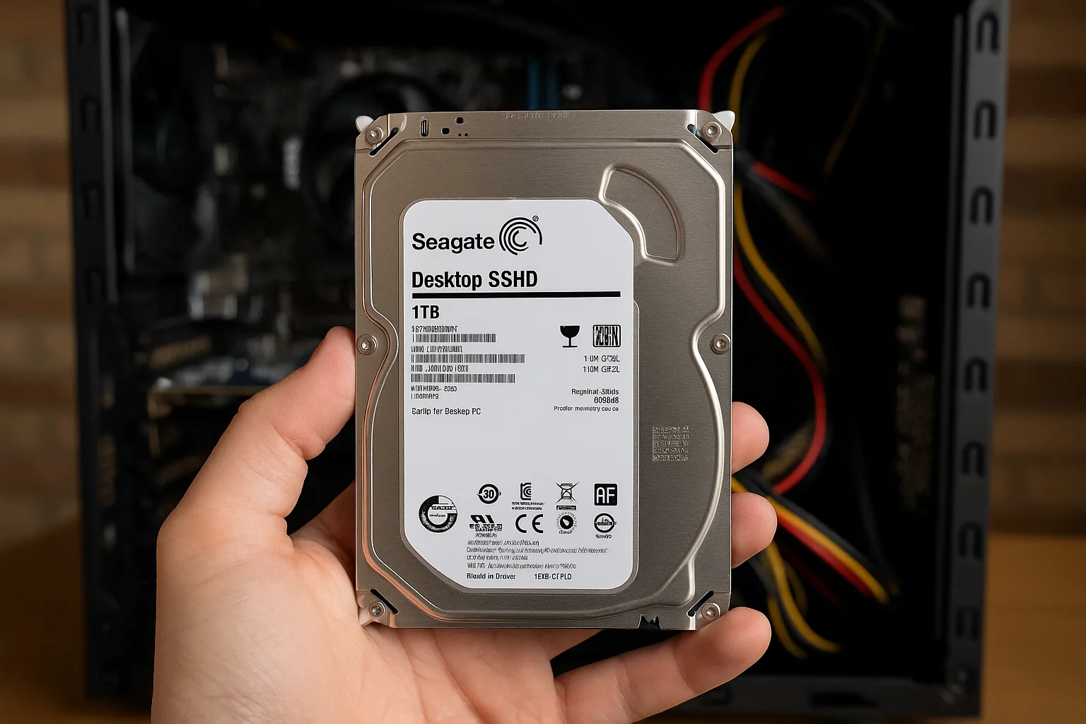 Hand Holds a Seagate 1TB Desktop SSHD in Front