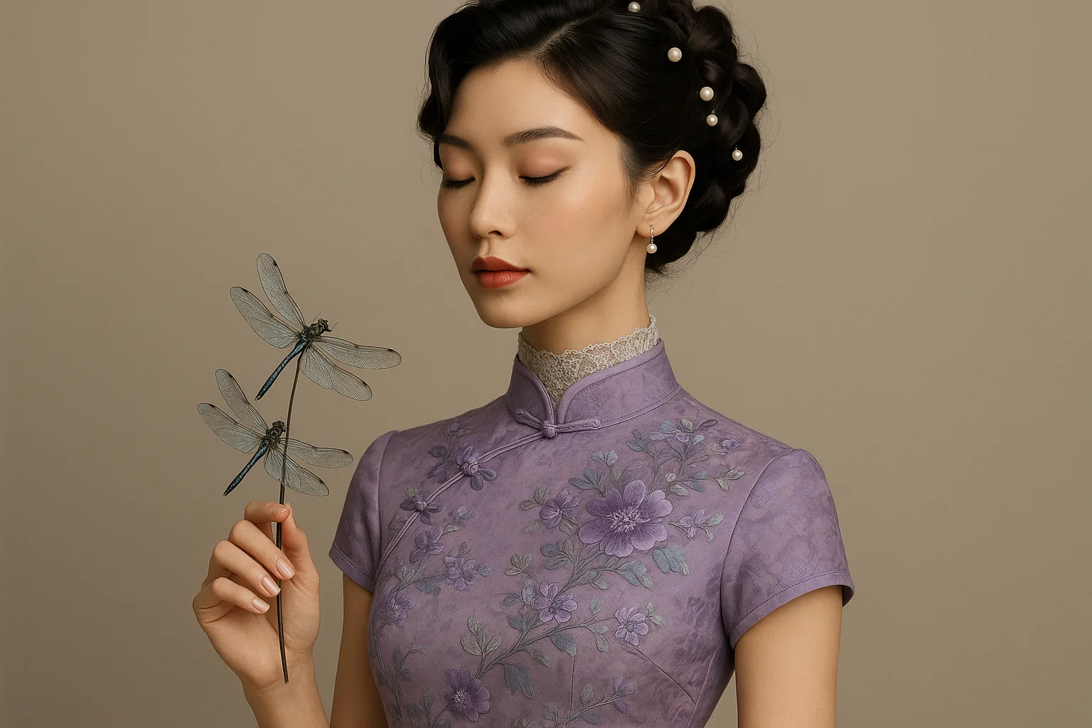 Elegant Lady Is Dressed in a Lavender Cheongsam