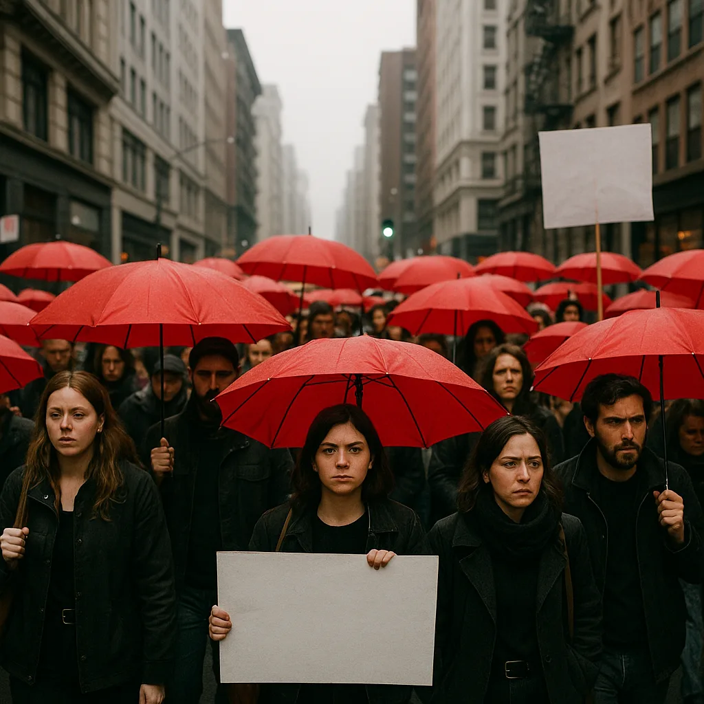 Group of People Holding Red Umbrellas Participates in a Protest