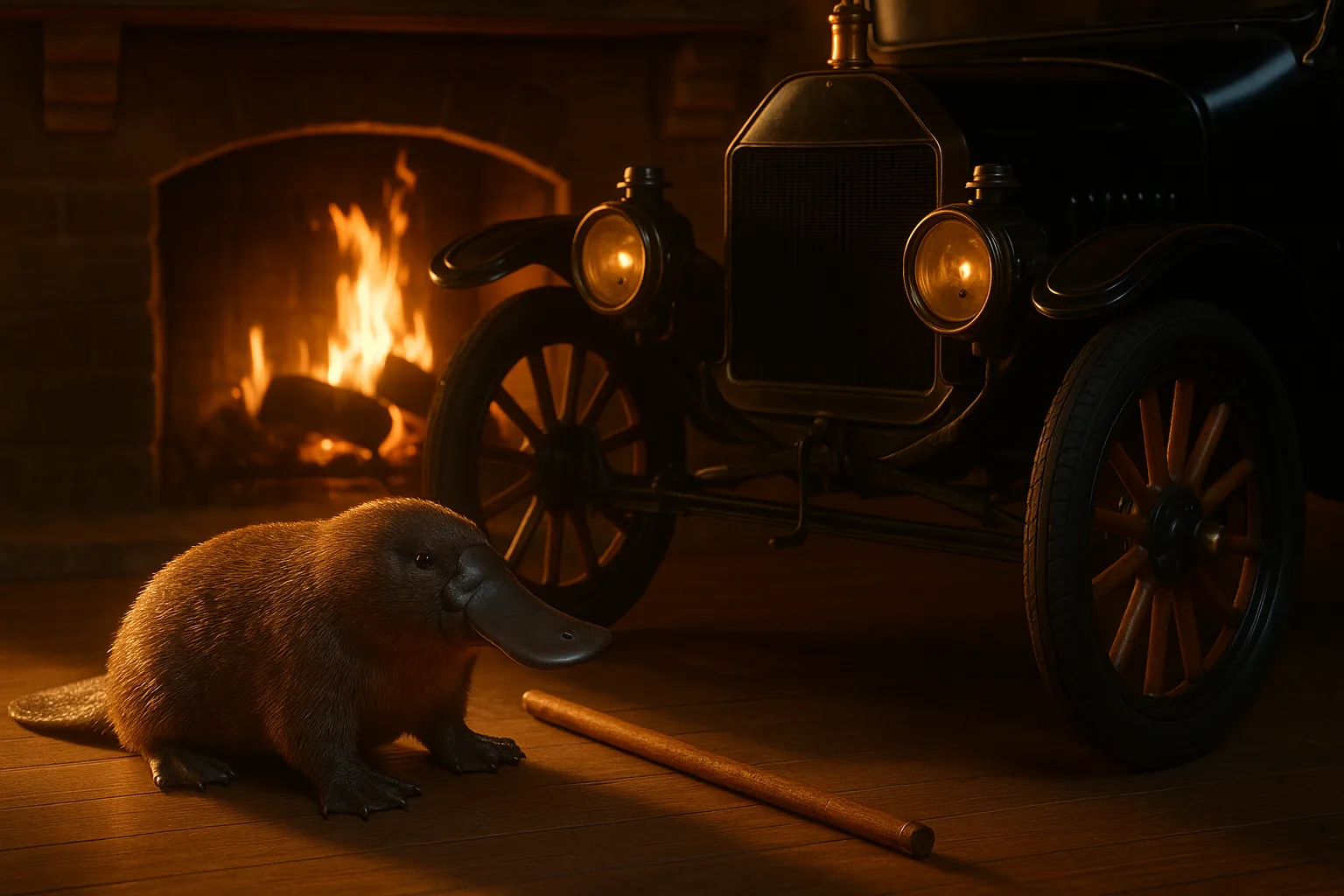 Scene Unfolds Before a Warm Fireplace with a Crackling Fire