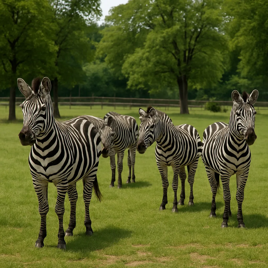 Several Zebras Standing on a Grassy Field with Trees