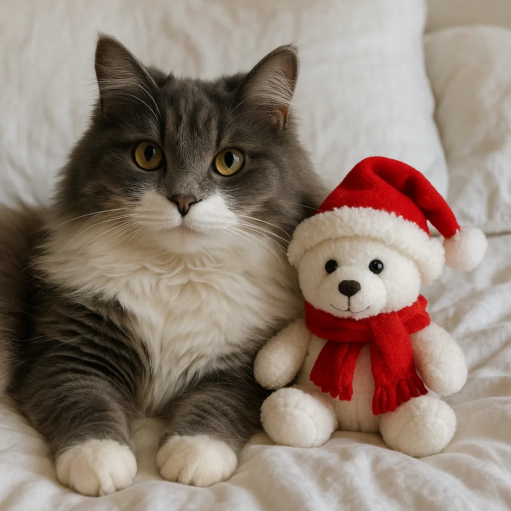 Fluffy Gray and White Cat Lying on a Bed Next