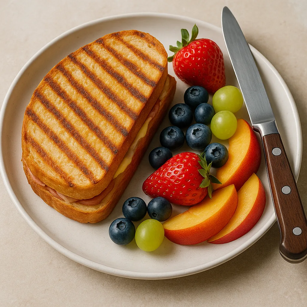 Toasted Panini Served Alongside a Selection of Fresh Fruits