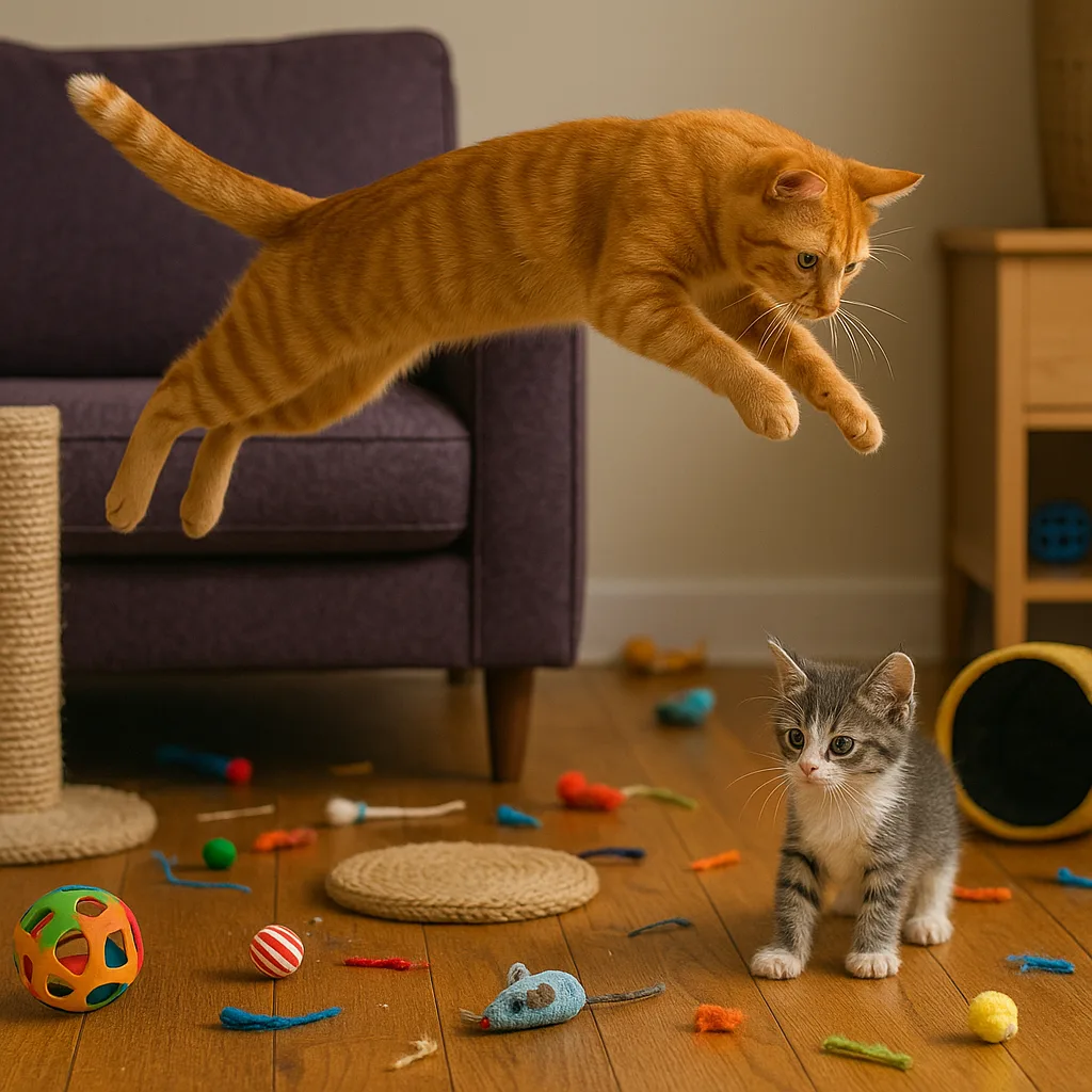 Ginger Cat Leaps from a Purple Couch