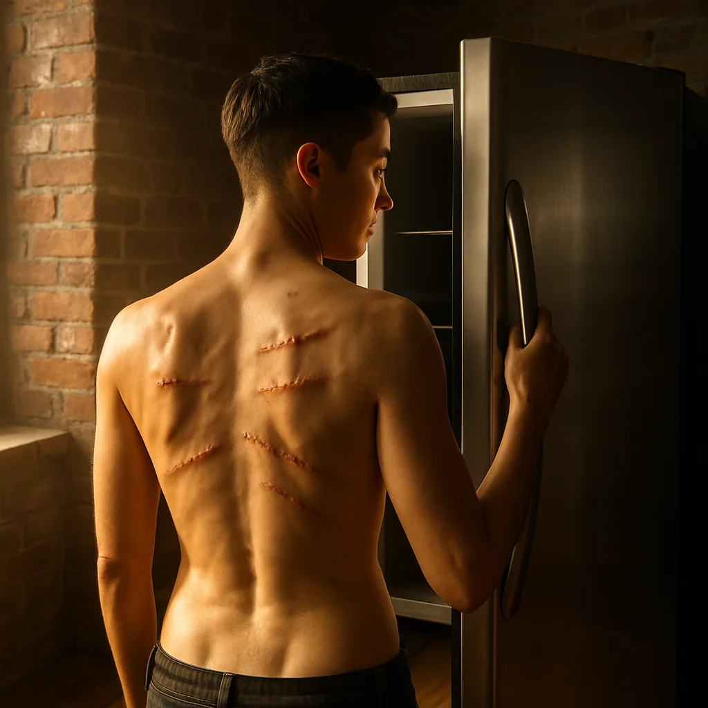 Figure with Raised Scars on their Back Glances Sideways
