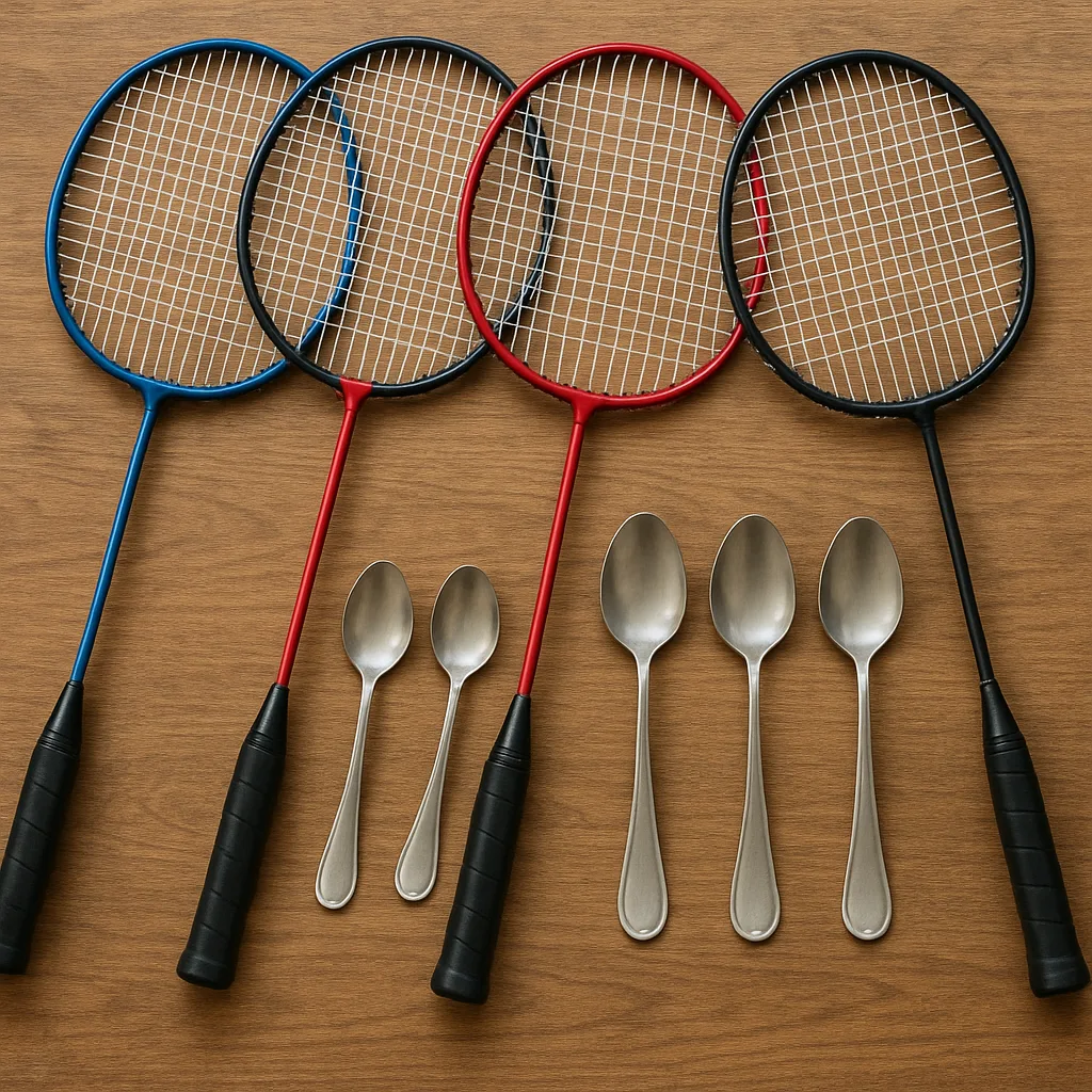 Lifelike Scenario That Includes Four Spoons Alongside Four Badminton Rackets