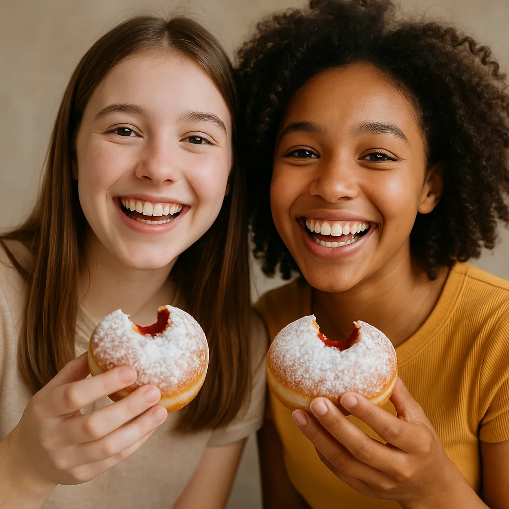 Two Girls Cheerfully Posing with Partially Eaten Jelly Doughnuts