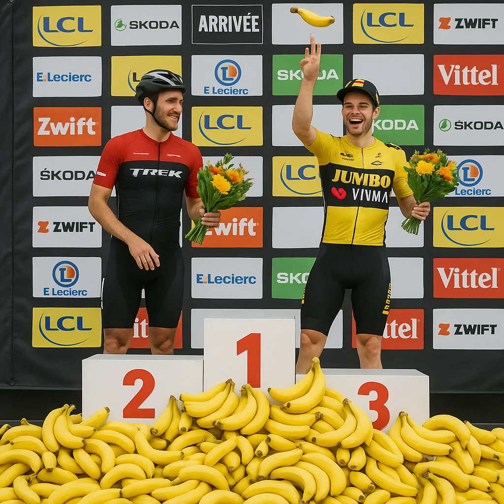 Two Cyclists Standing on a Podium Holding Flowers