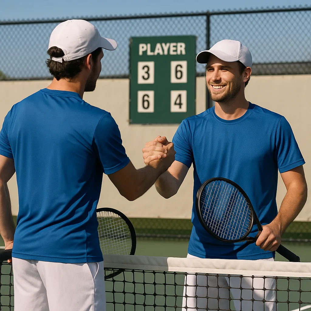 Two Tennis Players in Blue Shirts Exchange Handshakes