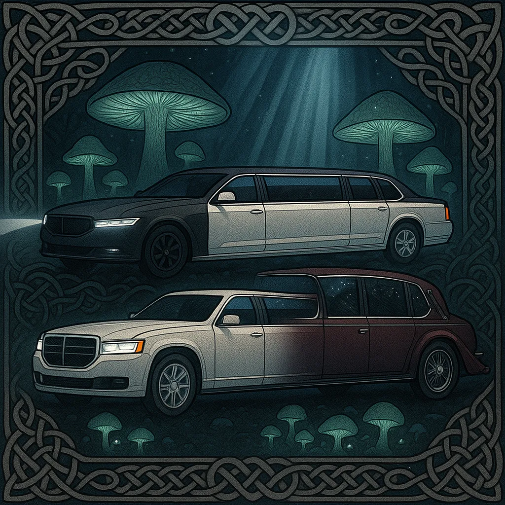 Three Distinct Limousines Are Artistically Rendered with Intricate Interlacing Patterns