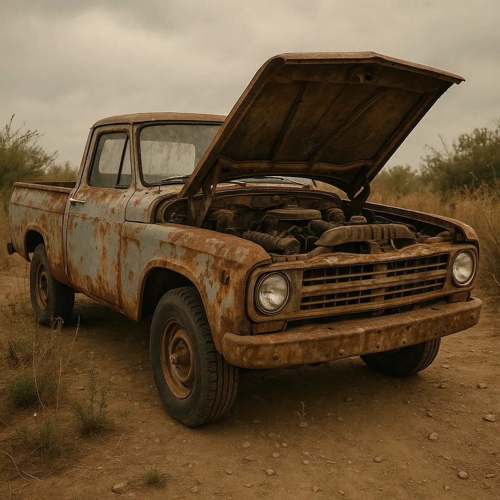 Old Pickup Truck Sits Idle with its Hood