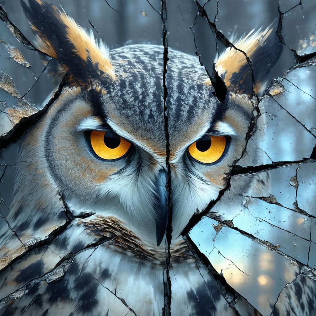 Owl Eyes Reflected in Broken Mirror Shards