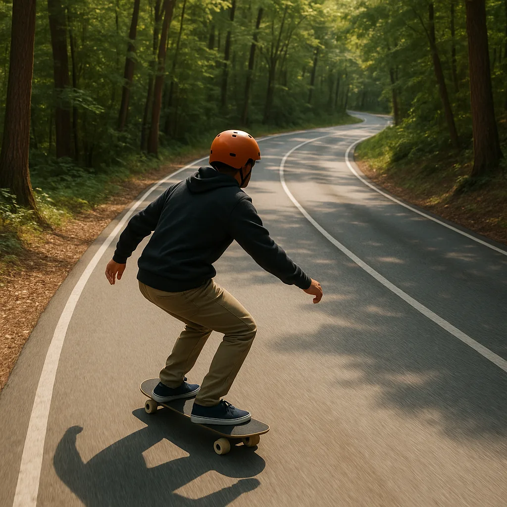 Person Wearing a Helmet Is Skateboarding Downhill