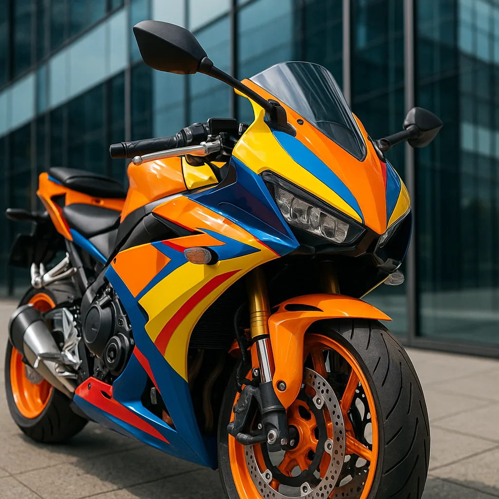 Vividly Painted Motorcycle Parked near a Sleek