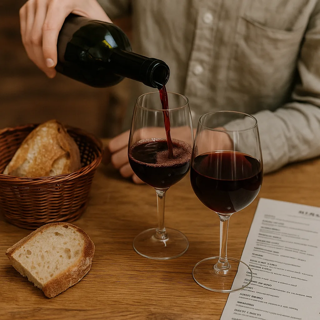 Person Pours Wine into Glasses on a Wooden Table