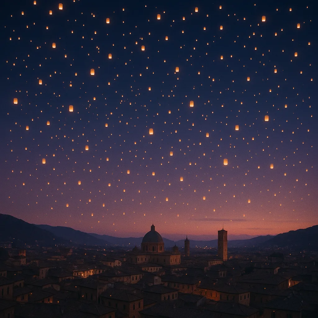 Innumerable Tiny Lanterns Float Upwards into the Twilight Sky