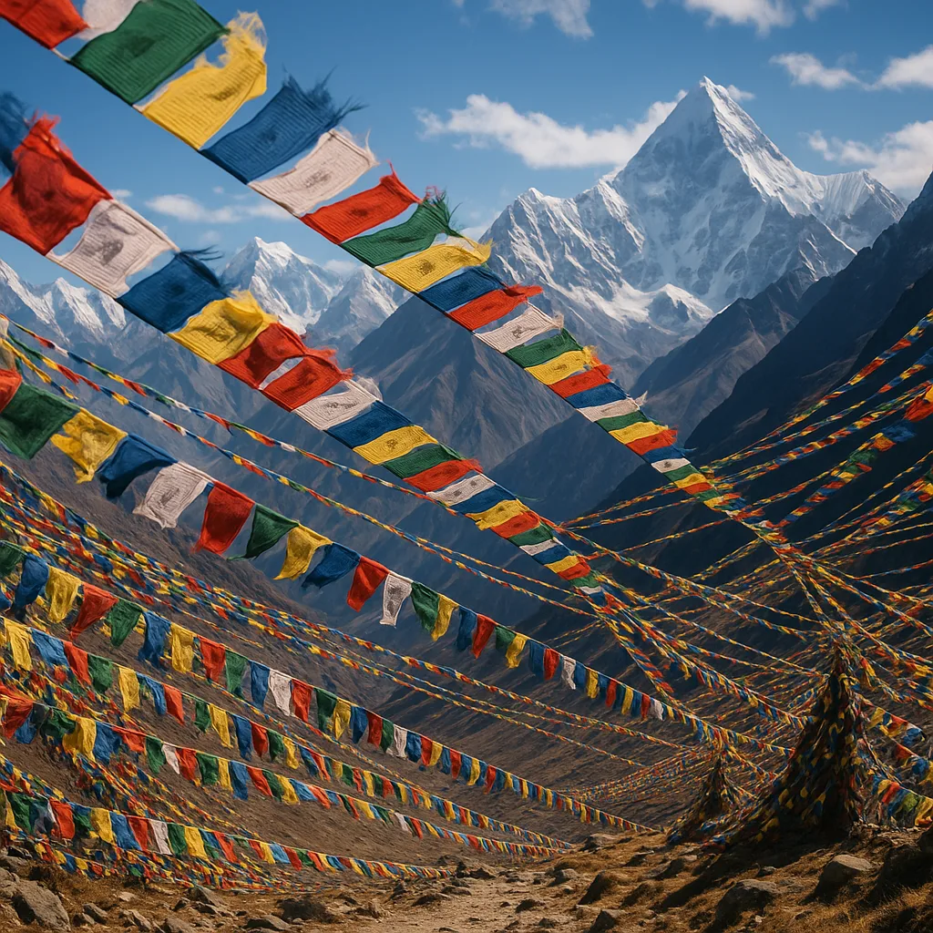 Countless Prayer Flags Flutter Vigorously on a High Mountain Pass