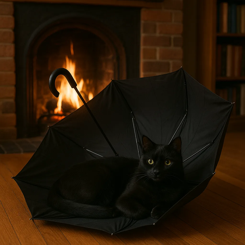 Black Cat Lounging Inside a Collapsed Black Umbrella