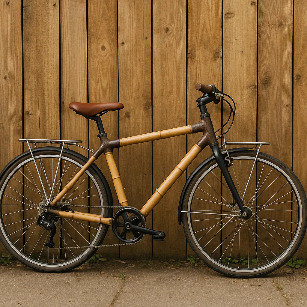 Bamboo-framed Bicycle with a Brown Seat and Metal Rack